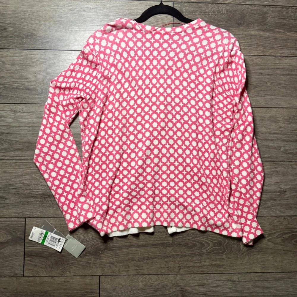 Charter Club Pink White Geometric Cardigan Sweater Strawberry Ice Large NWT - Picture 7 of 8